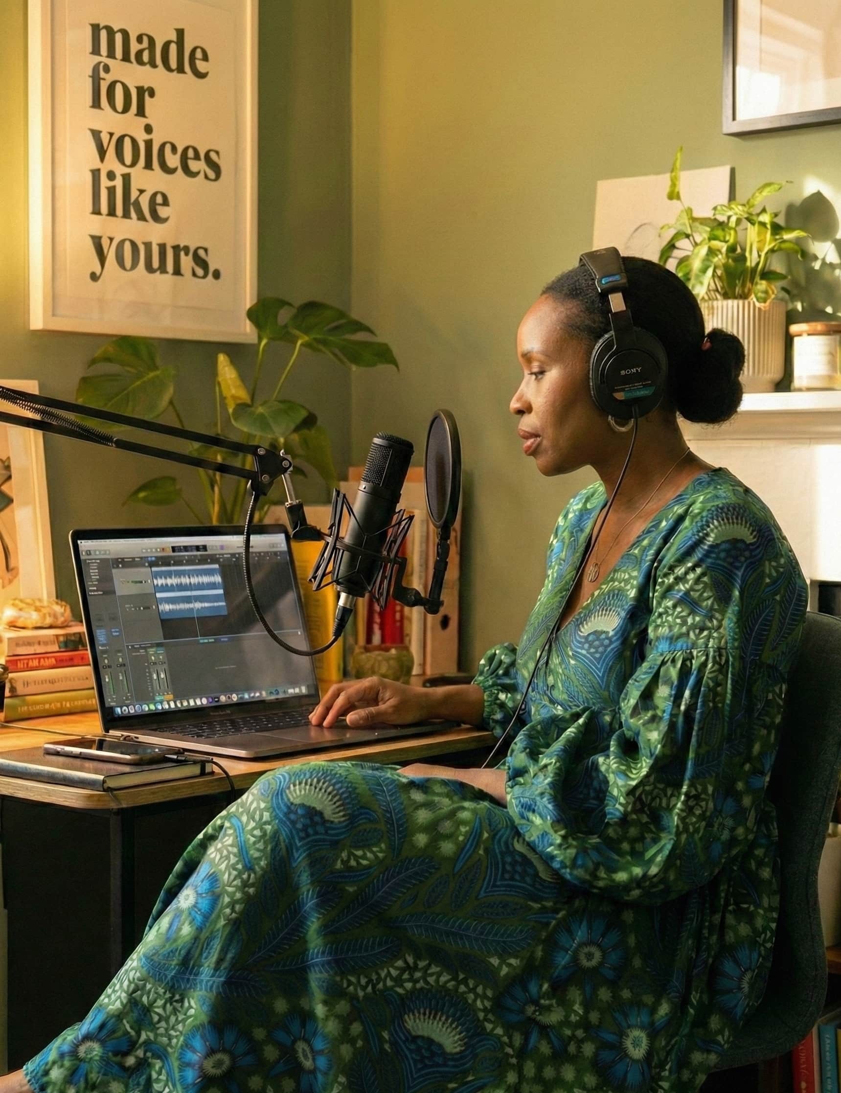 An african voice artist recording a voice over